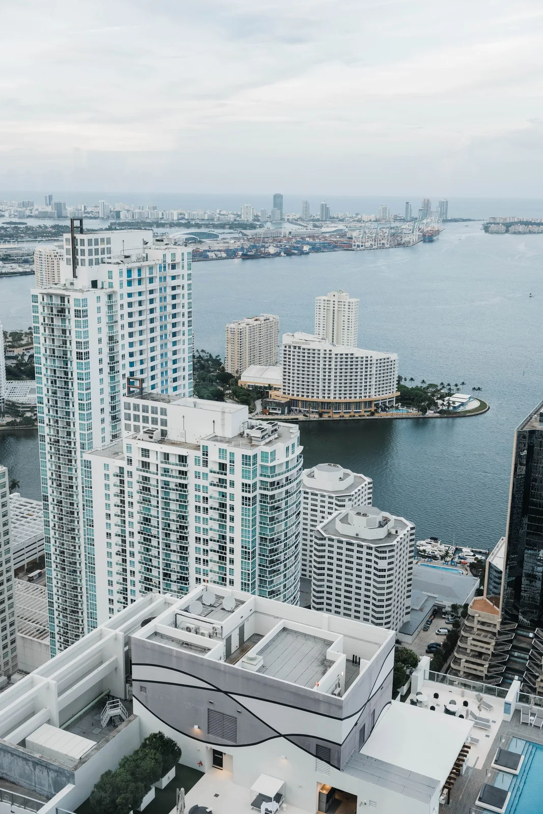 Aerial view of Brickell condominium towers overlooking Biscayne Bay